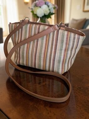 Fossil Boho Woven Crossbody Bag Multicolor Stripe Leather Trim